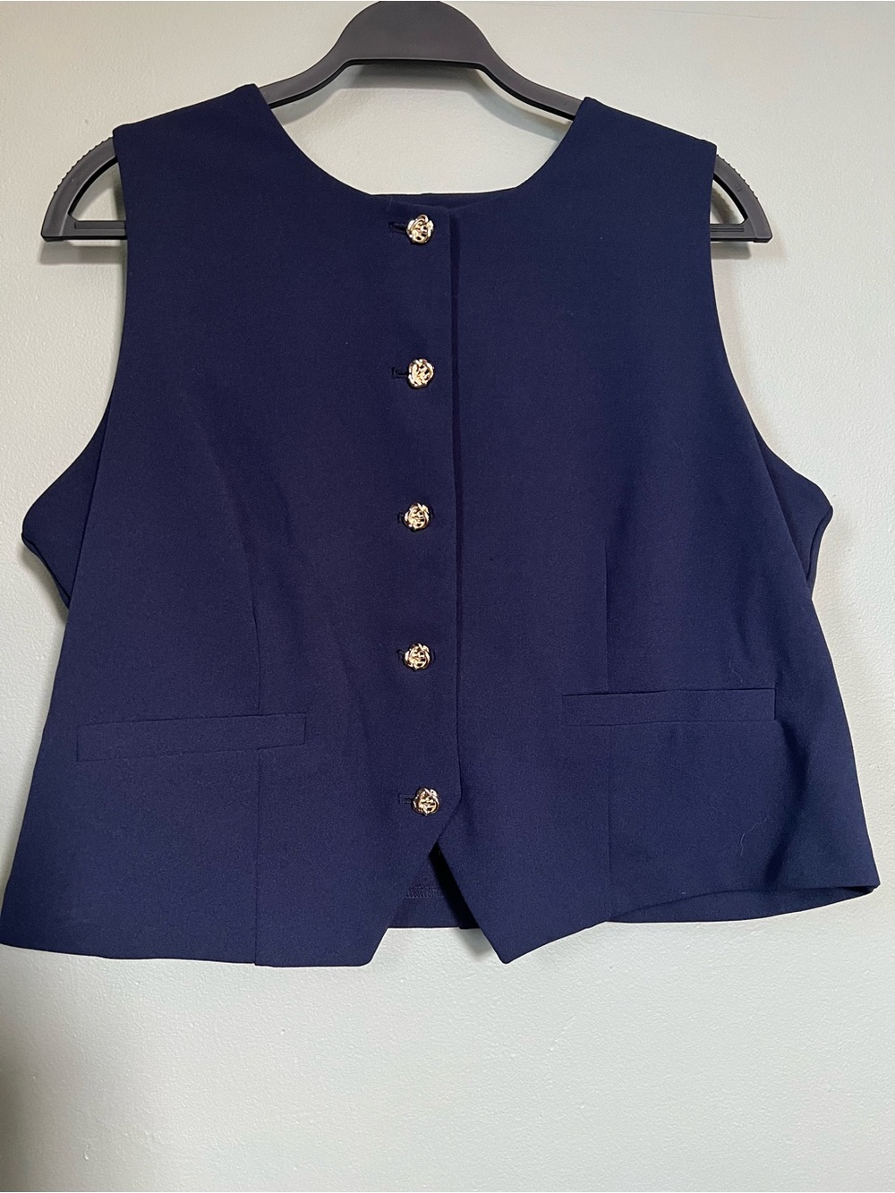 Wren Navy Vest with 80s style Golden Button